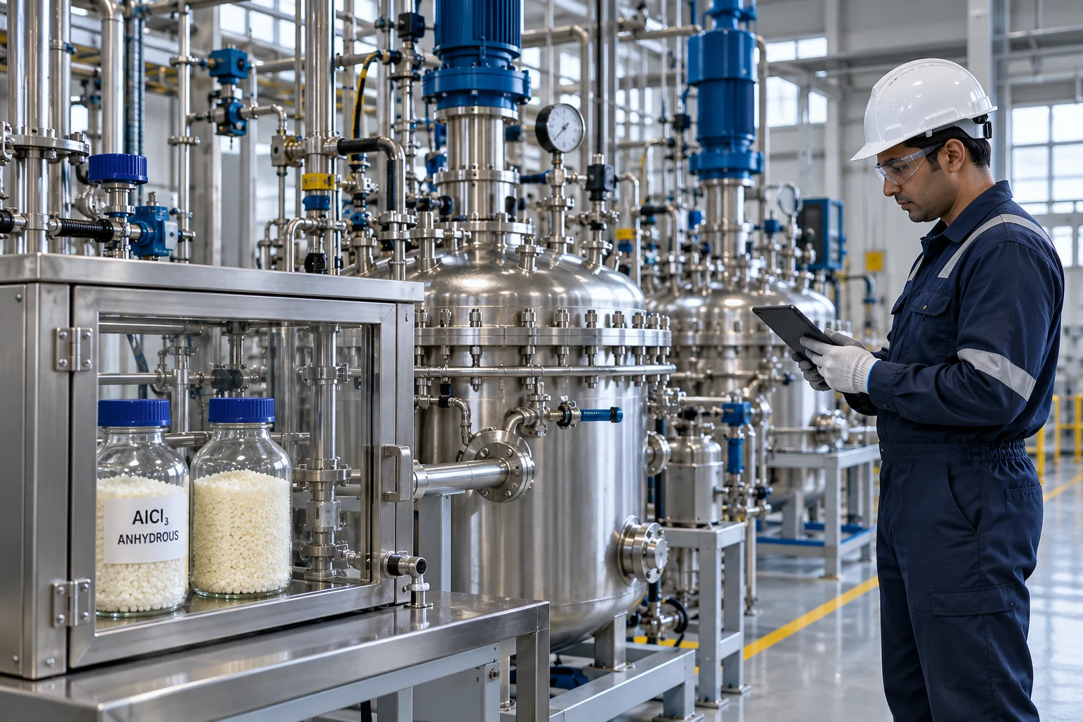 Illustration of a chemical engineer beside sealed industrial synthesis reactors and anhydrous aluminium chloride reagent bottles