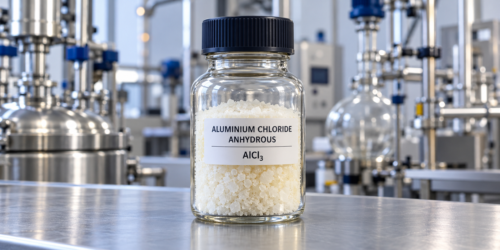 Illustration of aluminium chloride anhydrous granules in a sealed laboratory reagent bottle