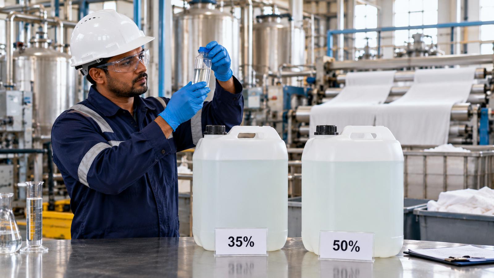 Hydrogen peroxide 35 percent vs 50 percent industrial grade comparison at a chemical processing facility