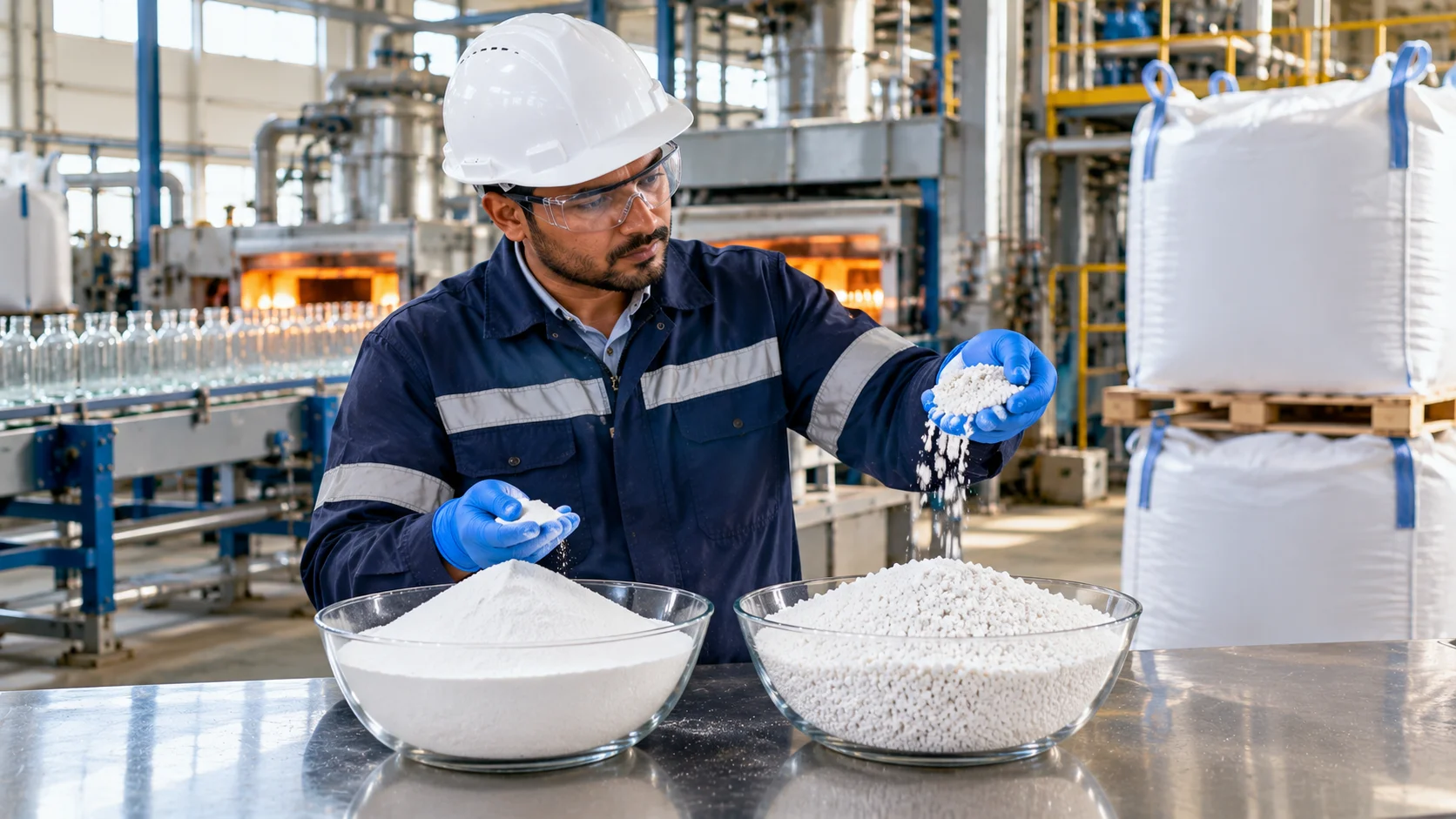 Soda ash light vs dense comparison with fine white powder and granular sodium carbonate in industrial plant