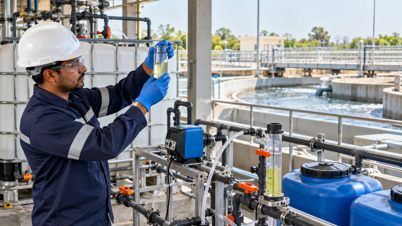 Technician checking sodium hypochlorite solution at an industrial water treatment chemical dosing station