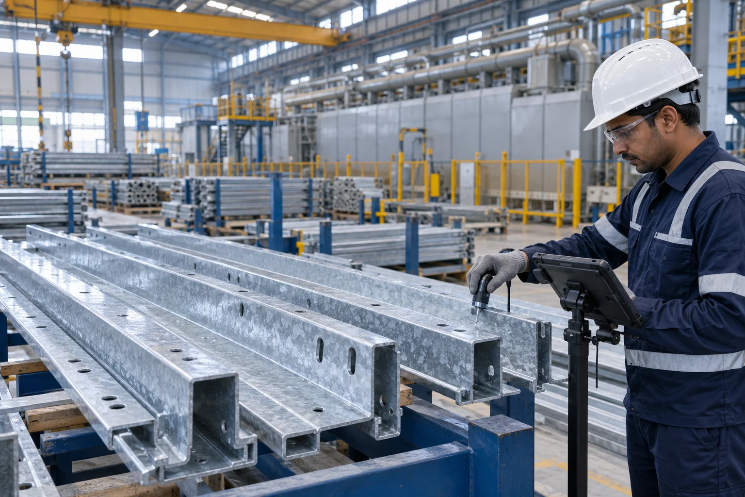 Illustration of an engineer inspecting galvanized steel components in an industrial metal finishing facility