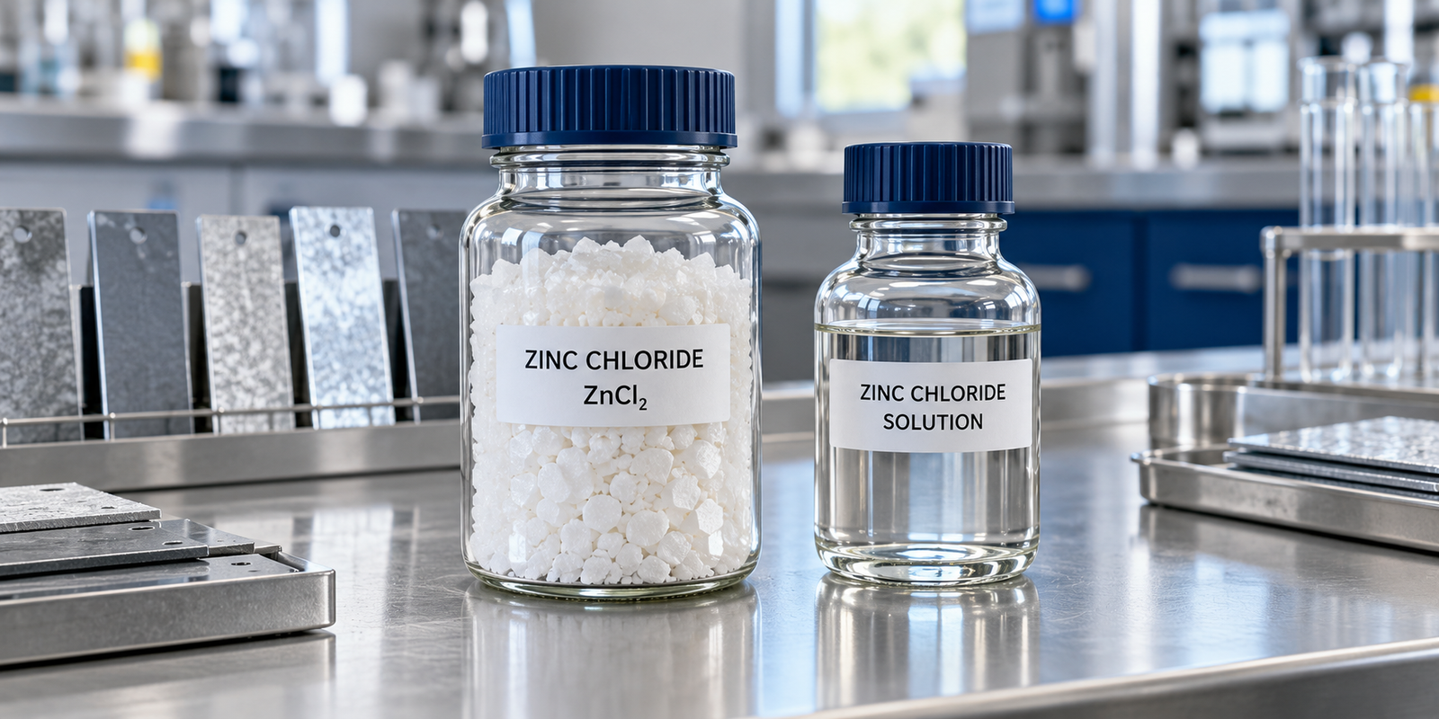 Illustration of zinc chloride granules and clear solution in sealed laboratory reagent bottles